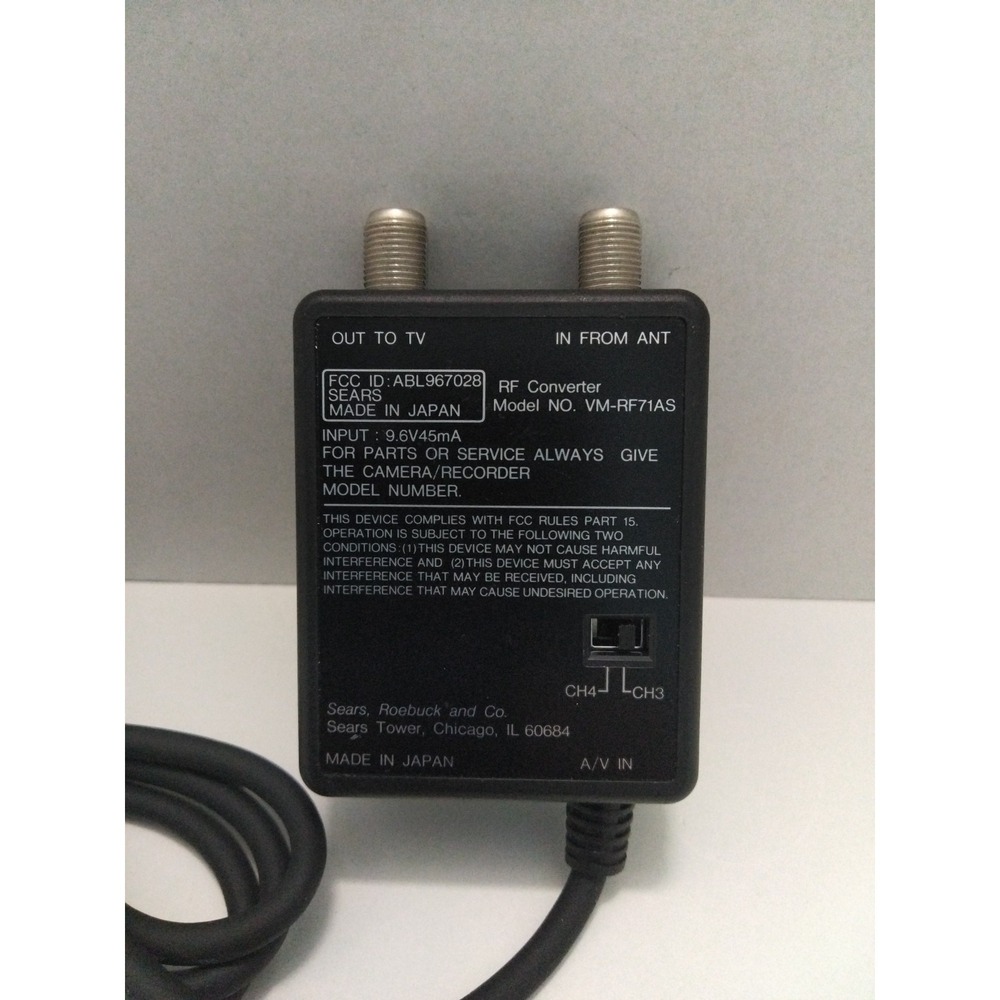 Sears RF Converter VM-RF71AS 9.6 VOLTS 45 MILLIAMPS  Camera / Camcorder Adapter